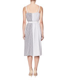 Striped Button-Front Sleeveless Midi Sundress with Belt, Blue/White