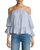 Brigit Off-The-Shoulder Striped Top, Navy/White