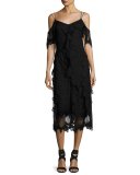 Lucinda Cold-Shoulder Ruffle Lace Sheath Dress, Black