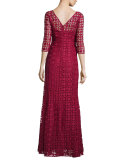 3/4-Sleeve Floral Lace Gown, Flame