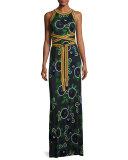 Kelso Sleeveless Floral Maxi Dress w/ Striped Tie