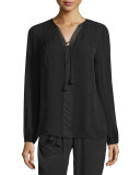 Josette Long-Sleeve Lace-Trim Silk Blouse