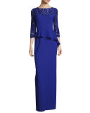 3/4-Sleeve Lace-Trim Stretch Jersey Peplum Gown, Cobalt
