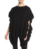 Fringe-Trim Cashmere Poncho, Black