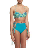 Reversible Leaf-Print Lace-Up High-Waist Swim Bottom