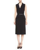 Sleeveless Belted Tuxedo Dress, Black