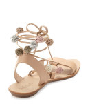 Saskia Flat Pompom Gladiator Sandal, Wheat/Multi