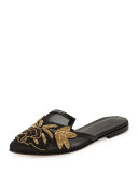 Patrizia Embroidered Slip-On Flat Mule, Black/Gold