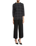 Windowpane-Check Funnel-Neck 3/4-Sleeve Sweater, Charcoal/Ash