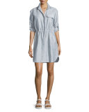 Crinkled Snap-Front Shirtdress, Indigo/White