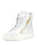 Crocodile-Embossed High-Top Sneaker, Bianco