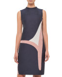 Printed Denim Sleeveless Dress, Dark Blue