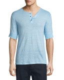 Short-Sleeve Linen Henley T-Shirt, Aquamarine
