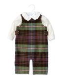 Plaid Cotton-Blend Overalls w/ Poplin Shirt, Blue/Green/Red, Size 6-24 Months