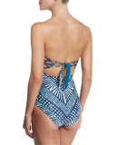 Peacock-Printed Bustier One-Piece Swimsuit