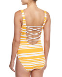 Lace-Up Back Striped One-Piece Swimsuit