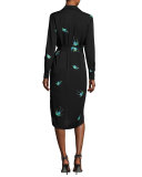 Bird-Print Silk Jersey Belted Shirtdress, Black Multicolor