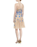 Floral-Appliqué Illusion Cocktail Dress. Gold/Blue