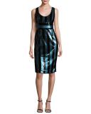 Veronica Sleeveless Striped Sequin Cocktail Dress, Blue/Black