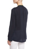 Serendipity Embroidered-Bib Blouse, Navy Shadow