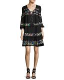 Floral-Stripe Silk Mini Dress, Black