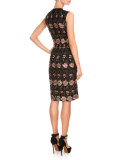 Sleeveless Floral-Embroidered Sheath Dress, Black