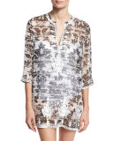 Embroidered & Printed Silk Chiffon Tunic Coverup, Black/White