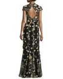 Cap-Sleeve Floral Embroidered Gown, Black/Gold