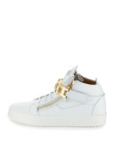 Men's Leather Mid-Top Sneaker w/Link-Bracelet Strap, White