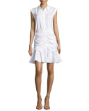 Bell Sleeveless Ruched Stretch Poplin Dress, White