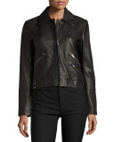 Leather Zip-Trim Bomber Jacket, Black