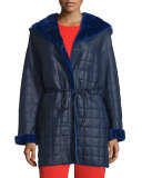 Hooded Quilted Shearling Coat, Bluebell