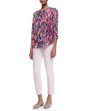 3/4-Sleeve Printed Pleated-Back Blouse, Spring Confetti