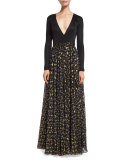 Aviva Metallic Floral-Print Chiffon Maxi Dress
