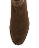 Suede Low-Heel Ankle Bootie, Earth