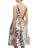 Sleeveless V-Back Printed Silk Dress, White/Multi