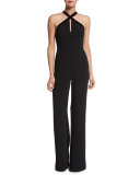 Molly Velvet-Trim Wide-Leg Jumpsuit, Black