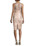 Sleeveless Embroidered Illusion Cocktail Dress, Blush