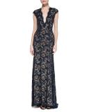 Cap-Sleeve Plunging V-Neck Embellished Lace Gown