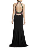 Sleeveless Floral Beaded Mermaid Gown, Black/Multicolor