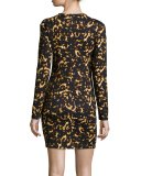 Long-Sleeve Printed Mini Dress, Black
