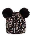 Mimi Knit Hat with Fur Pom Poms, Black/Pink