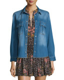 Faded Snap-Front Denim Shirt, Blue