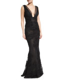 Sleeveless Embroidered Tulle Mermaid Gown, Black