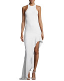 Sleeveless Asymmetric Ruffle-Hem Gown, White