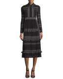 Striped Long-Sleeve Midi Dress, Black