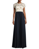 Beaded Lace-Bodice Short-Sleeve Gown, Ivory/Dark Navy