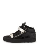 Men's Double-Strap Patent Leather Mid-Top Sneaker, Black