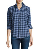 Eileen Large-Check Button-Front Shirt, Sky Blue/Navy