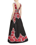 Rose-Beaded Sleeveless V-Neck Ball Gown, Roses